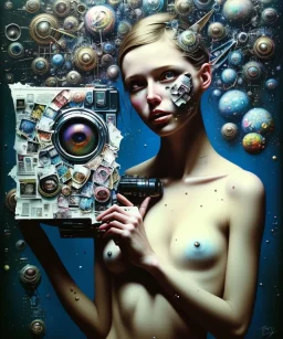 happy beautiful girl holding big proffesional camera in studio. street art, oil on canvas, spray paint, collage, letters, newspapeers, Dave McKean, Vladimir Fedotko, Saturno Butto, Vaughn Bodé, Frank Wu, James C. Christensen, collage, dirty, paint dripping, radiant