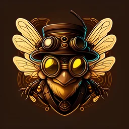 logo bee wearing steampunk googles and hat, flat cartoon style dark background