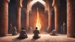 Hyper Realistic back-view of few men killing a man praying namaz with a sword in prehistoric-ancient-brick-mosque-with-ancient-islamic-architectural-patterns-crafted & flame-torches-on-wall showing dramatic & cinematic ambiance