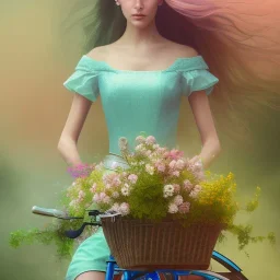 riding a bike, fairy, beautiful, hyperrealism, masterpiece, expert, cinematic lighting, sharp focus, 8K, pastel, macro lens, woman, detailed, flower