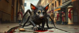 portrait of a hairy rock star spider rat cat, fantasy art, style of Rembrandt,Dead drop discovery: While walking, a party member stumbles upon a small, blood-stained package hidden in a gutter. It contains a coded message to a cult of the Dead Three. 9-10 Parade of the Patriars: A noble's procession blocks the street. The crowd is forced to bow, and guards roughly shove anyone who doesn't move quickly enough.