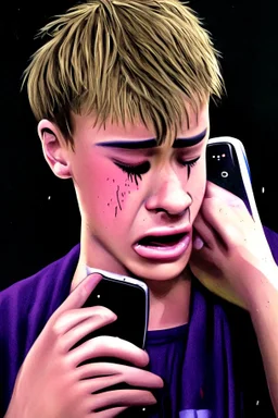 Justin Bieber holding a phone and crying