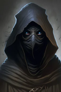 dungeons and dragons man wearing black robes and hood wearing a mask with eyeholes