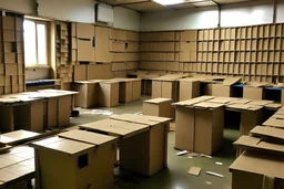 A unpainted classroom, full of cardboard glued to the walls