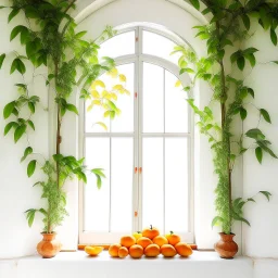 A window in white with an arch decorated with mangoes and light green leaves and soft orange bright colors.