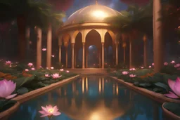 Magic Eden garden with lotus flowers on water, stars in the sky, bright flowers, small fairies, bright lights, birds, dragonflies, palm trees, exotic plants, starry sky, middle eastern modern palace, golden dome, waterfall, magnolias, wisterias, water, cosmic atmosphere, finely tuned detail, ultra high definition, 8 k, unreal engine 5, ultra sharp focus, cinematic smooth, intricate detail, futuristic style, extremely sharp detail, finely tuned detail, ultra high definition, 8 k, unreal engine 5,