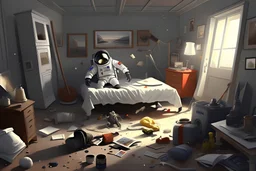 Digital art, high quality, digital masterpiece, natural illumination, spotlight, realistic, (1 tiny man on a Huge bed:2), (Space Suit:1.5), (a huge bed:2), (surrounded by clothes on the floor:1), (A opened door at background:2), Kid's bedroom