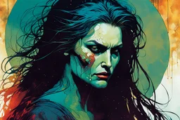 create an imaginative print illustration of an ethereal, otherworldly gaunt and withered ancient Romanian female Strigol vampire , in the comic book art style of Bill Sienkiewicz, Mike Mignola, and Jean Giraud Moebius, with highly detailed feminine facial features