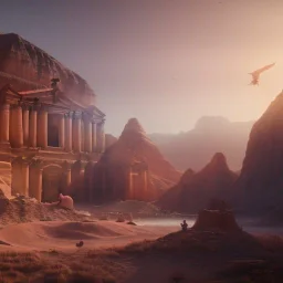 Petra, Ürdün, sunset, fantasy art, flying birds, springs, landscape, beautiful, realistic, hyper detailed, unreal engine 5, octane render