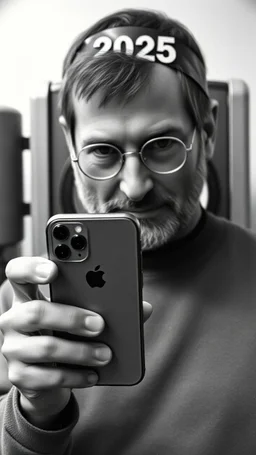 An old picture style of black and white and very bad quality old camera with cracks of Steve jobs holding an IPhone the year 2025 in the background a Time Machine