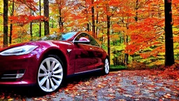 A Tesla's 'Model S Plaid' is parked, in the 'Great Smoky Mountains' National Park, in Tennessee. CINEMATIC. WIDE ANGLE LENS. PHOTO REAL.