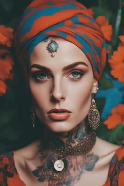 Beautiful Arab woman, petite, short, big eyes and lips, vibrant color, neck tattoo and full sleeves tattoo, thin, tattoos connected, Full coverage chest tatoo, tattoo style complex and colorful and large drawings by (petra collins|roe ethridge, elllen von unwerth, Jan Saudek)