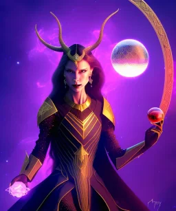 A dark female entity with horns sitting down on her thron pearing into a small crystal ball she hold in her hand, fantasy, realistic,