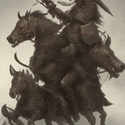 Nomad cavalry. Warriors. Leather armor. Damascus steel. Black. Sharp details. Roar. Fast galloping.