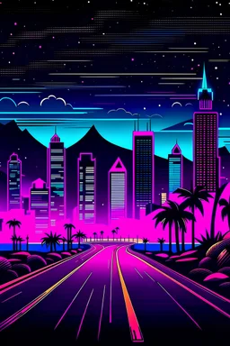 miami vice city outline with road leading to city, mountains behind the city with night life, palm trees on the road