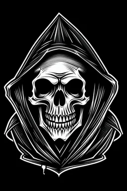 comedic skeleton in a black hooded cloak drawn in a retro vector mascot style, inside a diamond shape on a black background, monochromatic