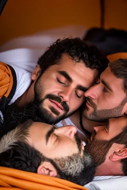 close up photography of two men ugly liying down sleeping in the night inside a camping tent, bearded ugly burly 30-year-old rough beefy bullneck arab tourist guides wearing traditional clothes, bulge, manly chest, photorealistic, midnight, lit by bonfire, ambient occlusion, top view, in the desert