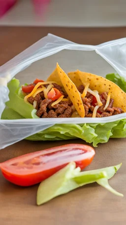 "Taco in a Bag" which consists of an open Doritos chip bag containing Doritos chips and cooked ground beef and lettuce and shredded cheese and tomato pepper and onions, food blogger photography