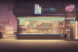 a highly detailed matte painting of a single small building, donut snack bar with take away counter with sign by studio ghibli, makoto shinkai, by artgerm, by wlop, by greg rutkowski, volumetric lighting, cyberpunk, octane render, 4k resolution, trending on artstation, masterpiece