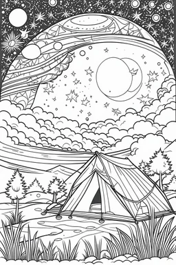 A campsite under a starry night sky, with a crackling campfire and a cozy tent, represents the freedom of simplicity and outdoor living..coloring book page, simple and clean line art, adult drawing book, black and white, crisp black lines, no shades, sharp lines, coloring book for adults, cartoon style, landscape