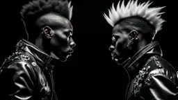 two Afro-American males facing each other in profile, confrontational stance, high-contrast black and white, deep shadows, bright rim lighting, dark studio background, punk spiked mohawk hairstyles, metallic reflective jackets, skin highlights, intricate chrome ear frames and jawline exoskeleton jewelry, biomechanical ear cuffs, sculptural contours, sharp silhouettes, cinematic low-key photography, cyberpunk aesthetic, symbolic duality, tension, dramatic