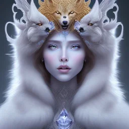 portrait of the most gorgeous, stunning, beautiful ice goddess with a large wolf, intricate crystal ice crown, large wolf, 8k resolution, large wolf, high-quality, fine-detail, ornate, digital art, detailed matte, volumetric lighting, brian froud, howard lyon, selina french, annie stokes, lisa parker, greg rutowski,