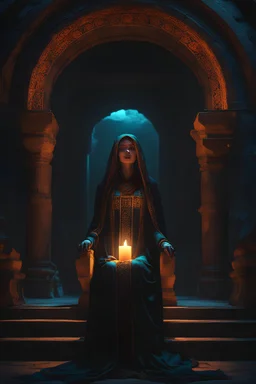The high priestess of the god of death holding a sermon. tomb, tome, underground, ruin, temple. black light. Cinematic lighting, Volumetric, lighting, Epic color composition, the , octane render,