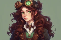 Девушка с длинными, волнистыми темно-каштановыми волосами, зелеными глазами, одетая в одежду в стиле стимпанк, stardew, стиль долина, подросток