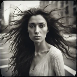 a woman with long wild hair on a windy day, in the style of toy camera effects, haunting elegance, frozen movement, captivating gaze, voigtlander bessa r2m, black paintings, new york school --ar 71:128 --stylize 750 --v 6