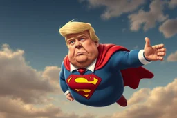 a thoroughly confused, frail, elderly and obese donald trump dressed as cartoon superman and flying