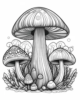 mushroom world minimalistic landscape. line art, background, vector, svg, coloring book page style, black outline on white background