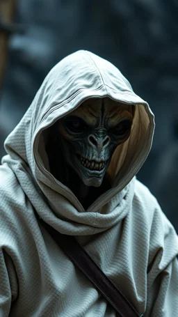 The creature from the the movie Prometheus with white hooded clothes looking at you