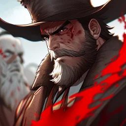 Clear focus, High resolution, max detail, Portrait, bearded, Gunslinger, Cowboy, cowboy hat, serious face, Blood Splatter