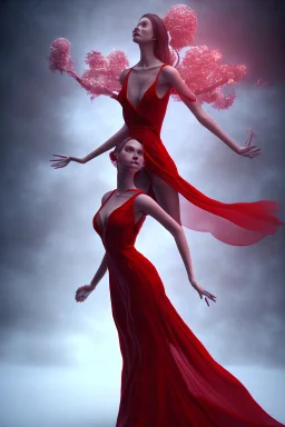 Adorable woman in red gown volumetric light ray in haze surrealism