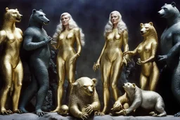(crazy psychedelic high res photo by Ray Harryhausen) The first is tall, his skin gleaming like polished gold, with eyes that seem to reflect no light at all. The second is a woman with silver hair that writhes like serpents, her form shifting in and out of focus. The third bears no face at all, only a void where features should be, yet you can feel the intensity of its gaze boring into you like a physical force. These are not mere soldiers—they are embodiments of something darker, something tha