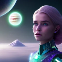 A portrait of a transparent crystalline girl,smiling, longs blond hairs, green eyes, galactic dress, atmospheric, realistic, cinematic lighting, octane render, purple and blue sky, nebula, stars, planets in background, spaceship in background