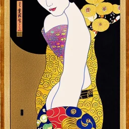 Retrato de cuerpo entero de una Geisha bella voluptuosa vestida estilo de Gustav Klimt