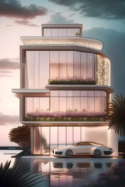 Modern villa on the sea, glass facades, with prosato, lights, flowers, and a car in beige color