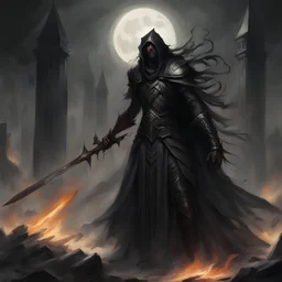 Boethiah appeared before them terrible and resplendent arrayed in ebony darker than a moonless night wielding a blade burning hot, in Phyrexian Horror art style