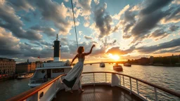 UK oxford street over times river deck of a big ship beautiful lady dancing ,ships in river, cloudy sky,sunset