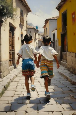 2 maxican childeren running traditional clothes painting neoclassism in a traditional mexican city from the back