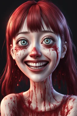 Woman with rare eyes, face distorted with pain, smiling, tears streaming, siting pose, fullbody, Junji Ito style, darkred tones,high detailed, 4k resolution, digital paiting, cute, art, no background 3d pixar disney the cinematic FKAA, TXAA, and RTX graphics technology employed for stunning detail.