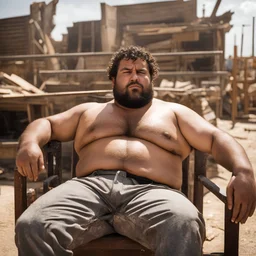 extreme close up photography of a sicilian ugly burly serious wet sweaty, chubby strong fat carpenter, shirtless, boxer, bulge, manly chest, very hairy allover, big goatee 26 years old, curly short hair, sit sleeping with open legs on a little chair , on a construction site in the middle of a road, under the August sun, emotional eyes, , hyper-realistic, photorealistic , frontal view from the ground