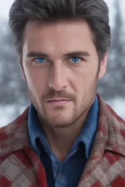 Blue eyes, close-up facial portrait - a Bright, well-lit UHD, 1080p 32k, photograph - winter time, hunting season, part Jesus Christ, part Elvis Presley with a mustache and short crew-cut hair, part Lee Majors, Part red and black checkered wool coat, blue jeans, cowboy boots, plaid shirt, sunbursts, crosses, 3D lighting, diamonds, hearts, Butterflies, Clovers, Roses, extremely colorful,