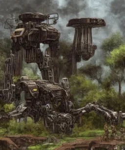 Large rusty destroyed mechwarrior inside a futuristic ancient ruin with plants and animals