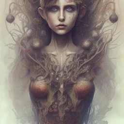 watercolor illustration ,singer Danish MØ, intricate detail , rusty metal, Dryad, sidhe, ominous, portrait,high lighting,