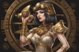 a slim, pale-skinned, slim Cleopatra, with a bob hairstyle, in a steampunk setting, gold boots, in a fighting stance