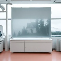 A Hasselblad H6D-400c photo of a laboratory with white structures and a large computer screen. A transparent tarpaulin covers an image resembling a ruined building. There is a group of fir trees in the background and a high hill in the distance. The surface below is in a pastel color. Fog is present.