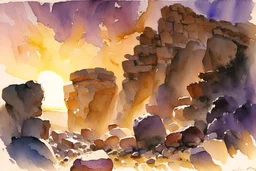 Sunset, rocks, mountains, rocky land, epic, john singer sargent watercolor paintings