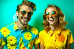 Pareja de hombre y mujer, ella con vestido años 70 flowepower, sonrisa de fiesta y gafas de sol redondas de color azul, él con una americana verde y camiseta azul claro con una margarita dibujada, fondo de flores de colores chillones pop, fotografía realista